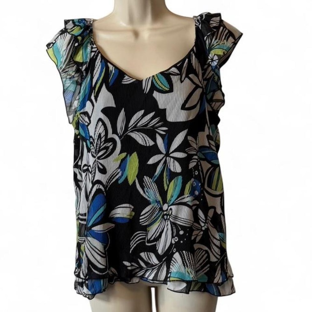Y2K East 5th Black & Blue Abstract Floral Flutter Sleeve Blouse, Women's Size M